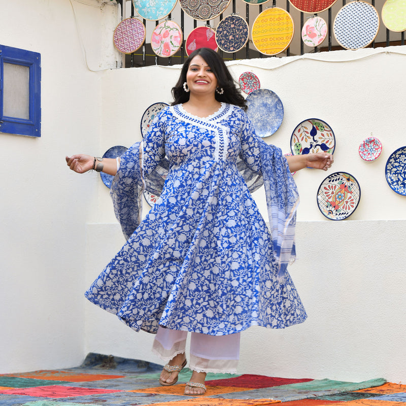 Spring Blue Bloom Floral Cotton Anarkali Set