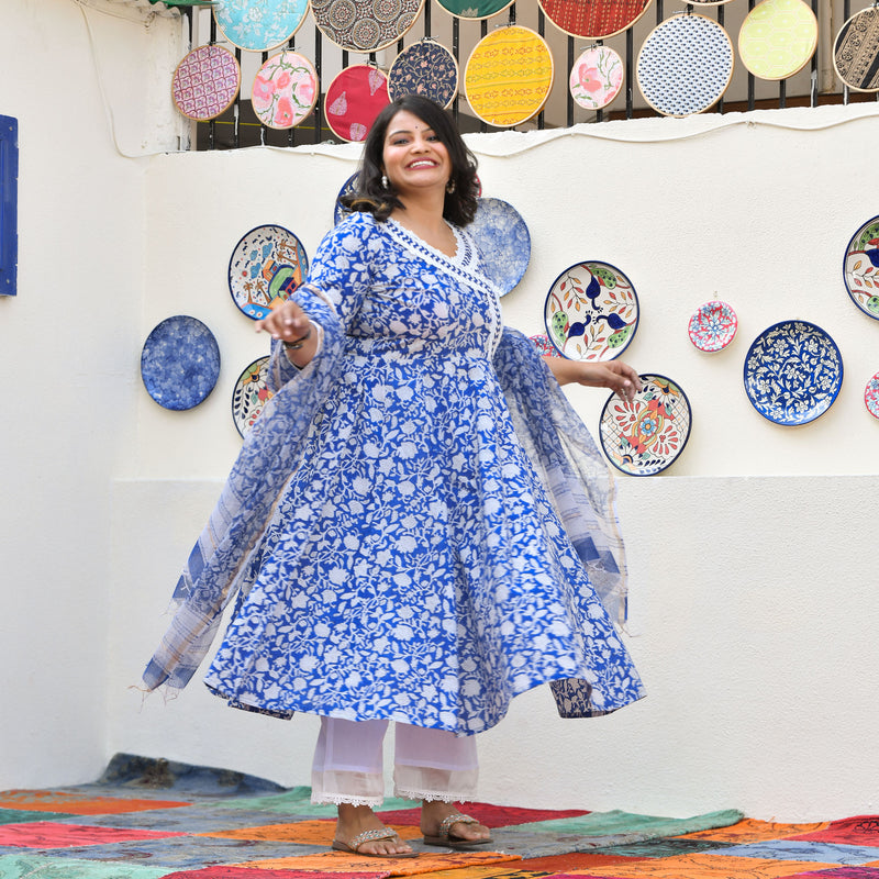 Spring Blue Bloom Floral Cotton Anarkali Set