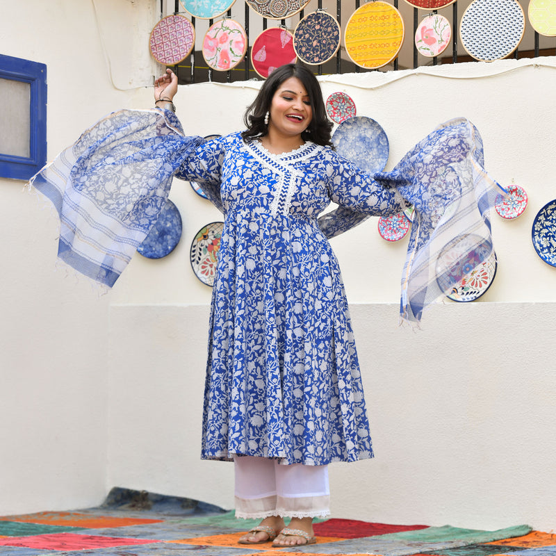Spring Blue Bloom Floral Cotton Anarkali Set
