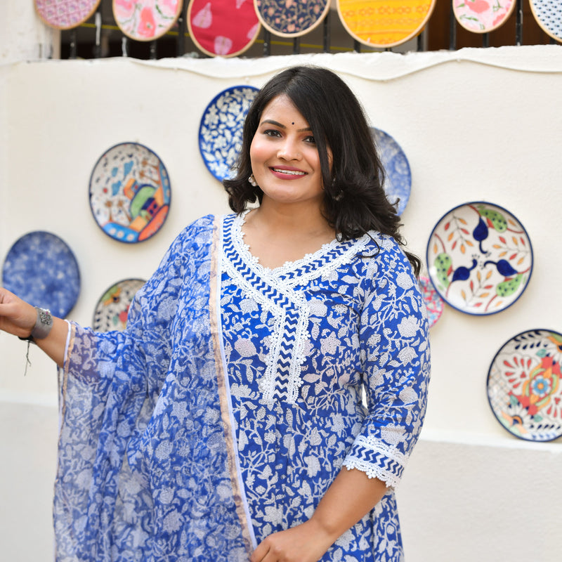 Spring Blue Bloom Floral Cotton Anarkali Set