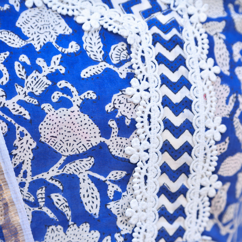 Spring Blue Bloom Floral Cotton Anarkali Set