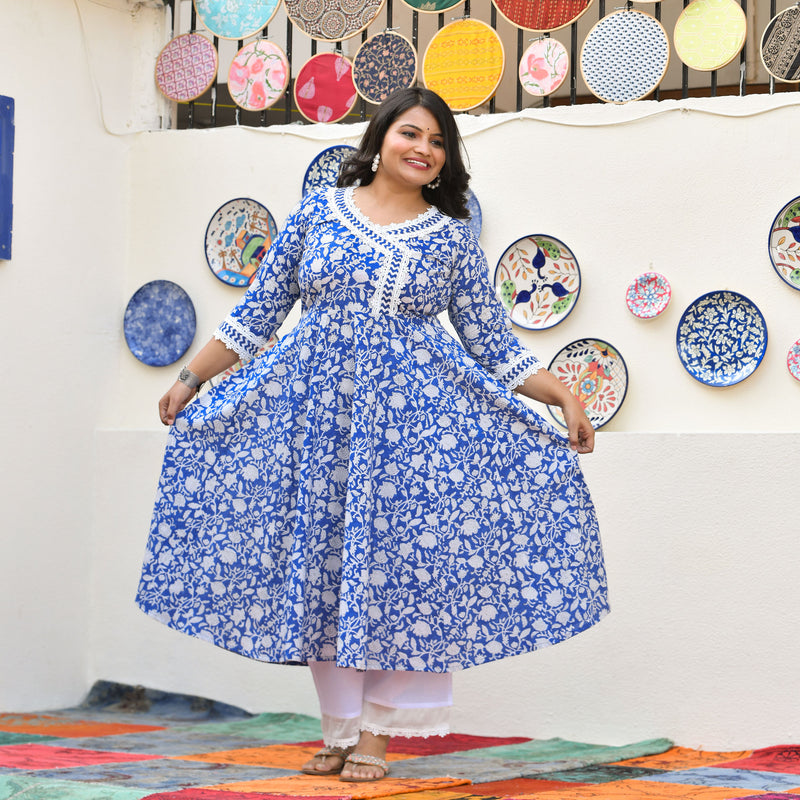 Spring Blue Bloom Floral Cotton Anarkali Set
