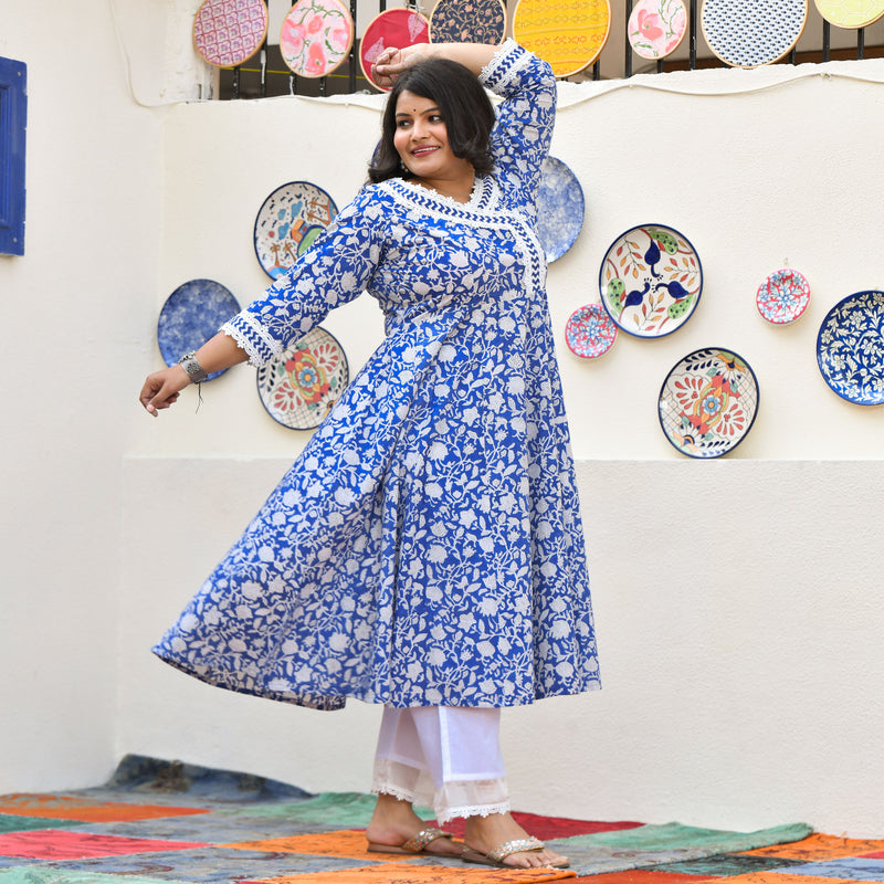 Spring Blue Bloom Floral Cotton Anarkali Set