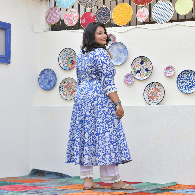 Spring Blue Bloom Floral Cotton Anarkali Set