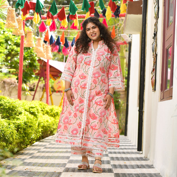 Sweet Pink Floral Chikan Lace Kurta