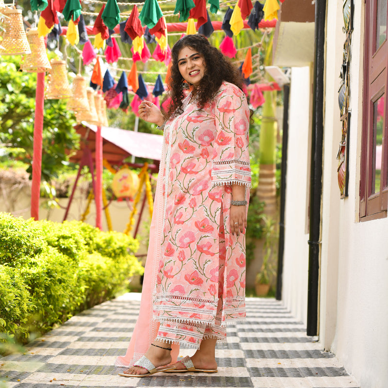 Sweet Pink Floral Chikan Lace Kurta
