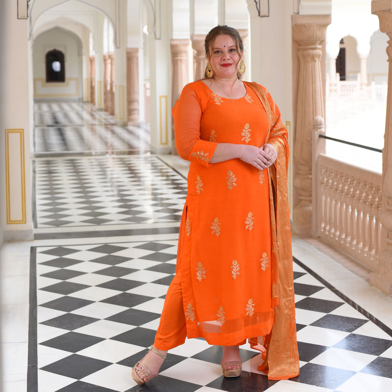 Tangerine Banarasi Pure Georgette Suit Set