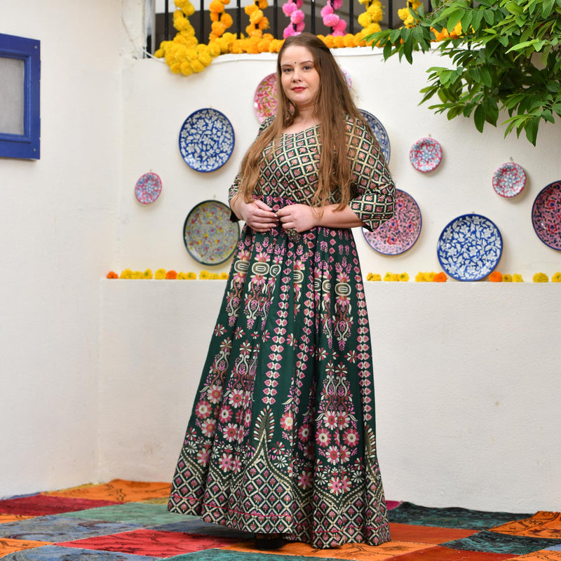 Timber Green Placement Print Anarkali