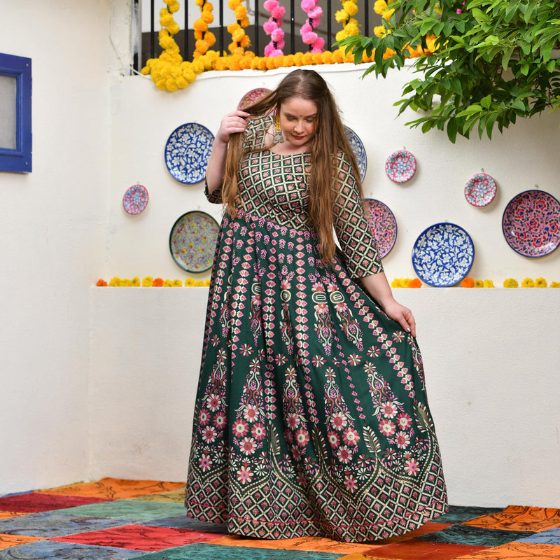 Timber Green Placement Print Anarkali