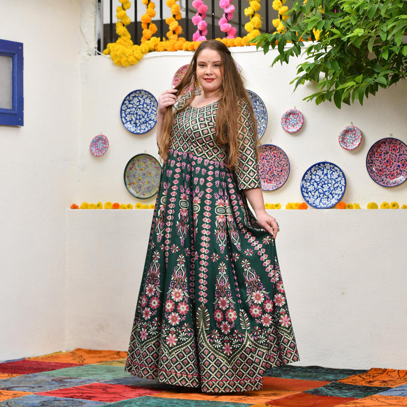 Timber Green Placement Print Anarkali