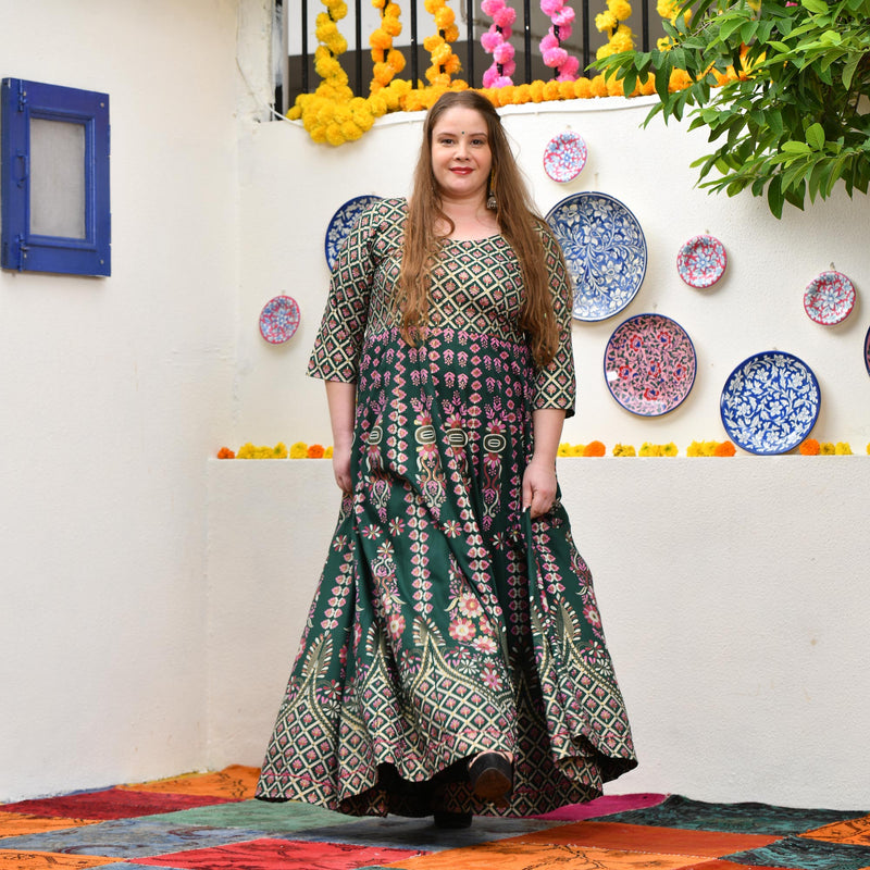 Timber Green Placement Print Anarkali