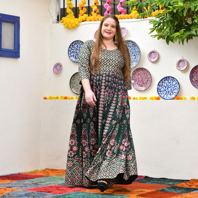 Timber Green Placement Print Anarkali