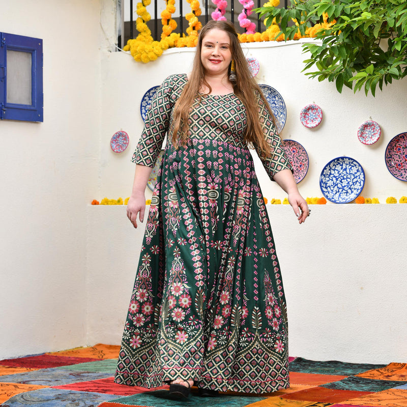 Timber Green Placement Print Anarkali