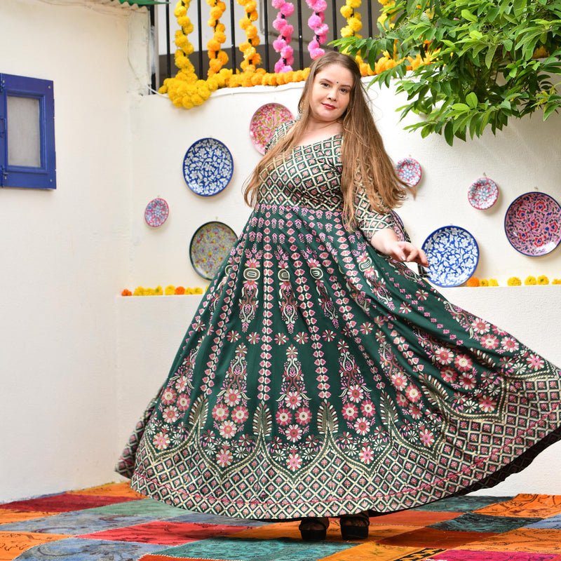 Timber Green Placement Print Anarkali
