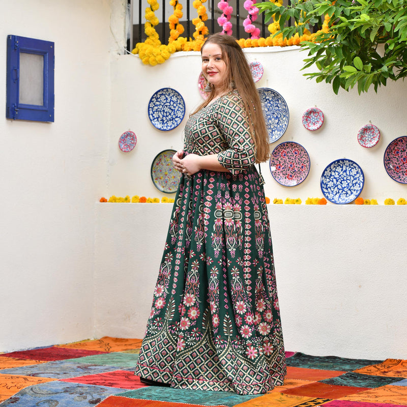 Timber Green Placement Print Anarkali