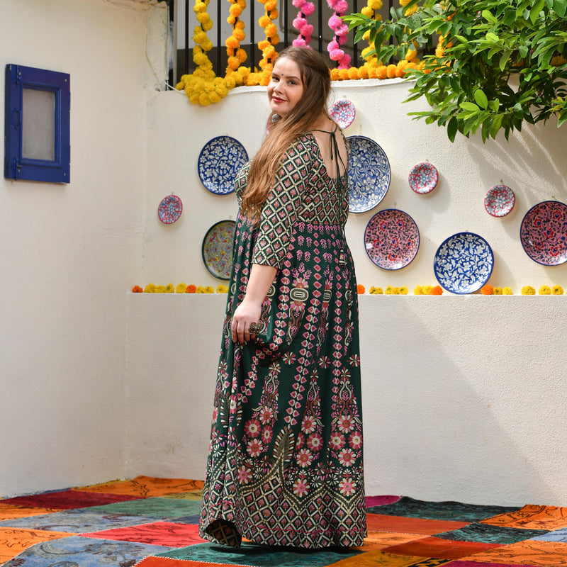 Timber Green Placement Print Anarkali