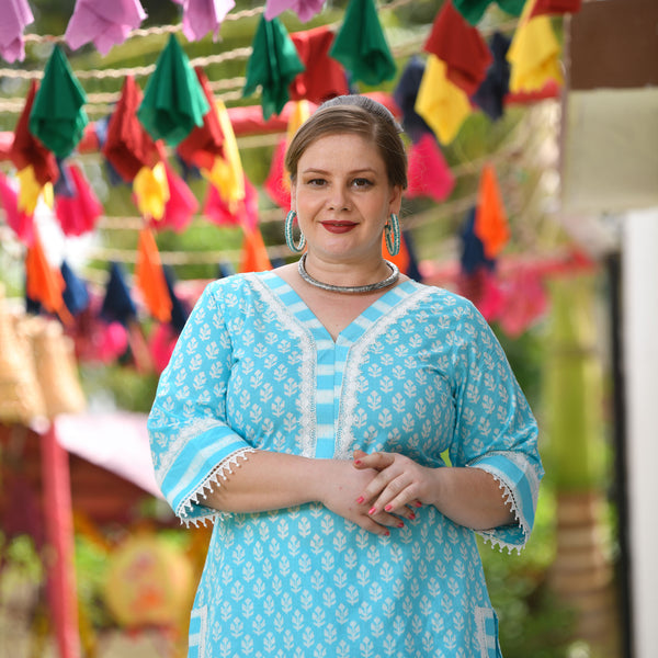 White Jasmine On Cyan Laced Kurta