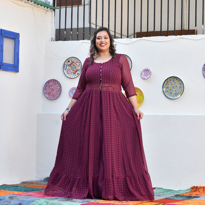 Plum Rose Mukeish Georgette Cape Set