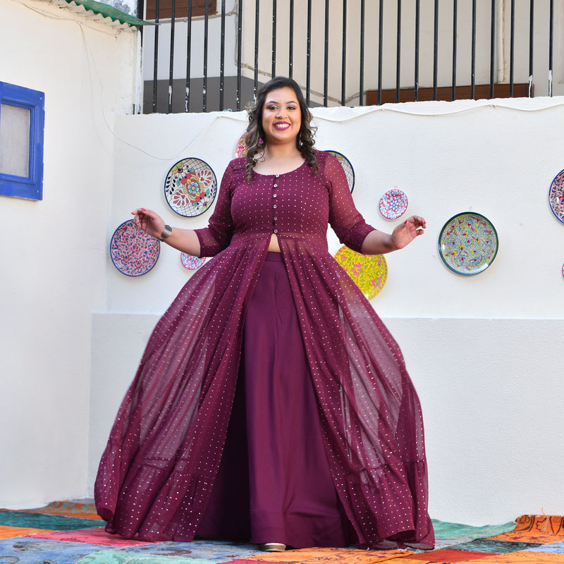 Plum Rose Mukeish Georgette Cape Set
