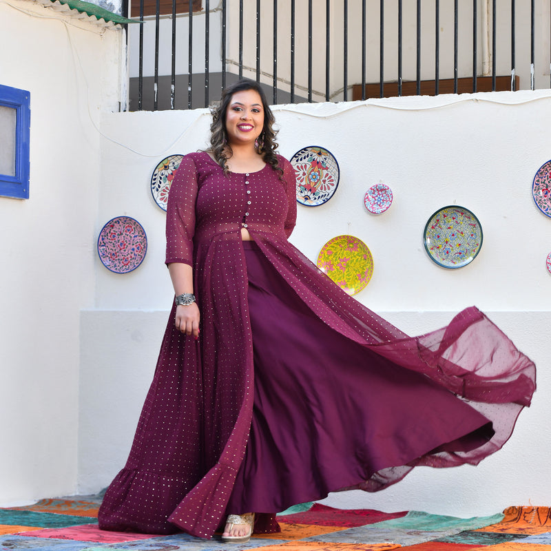 Plum Rose Mukeish Georgette Cape Set