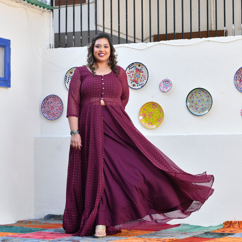 Plum Rose Mukeish Georgette Cape Set