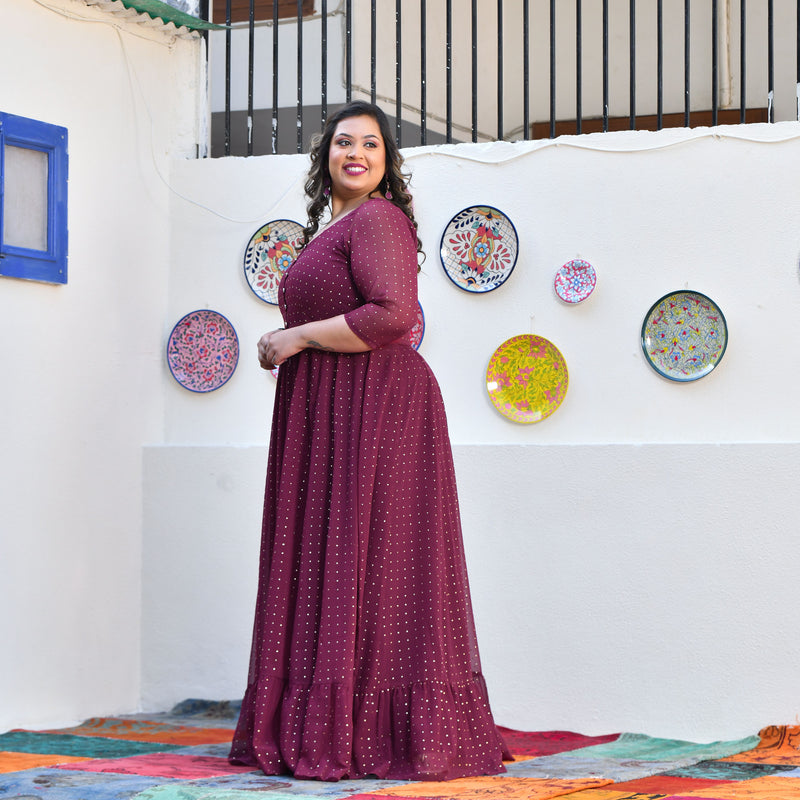 Plum Rose Mukeish Georgette Cape Set