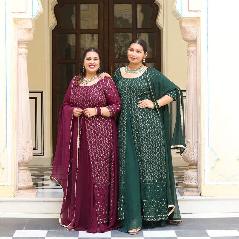 Wine Thread Embroidered Georgette Anarkali Dress