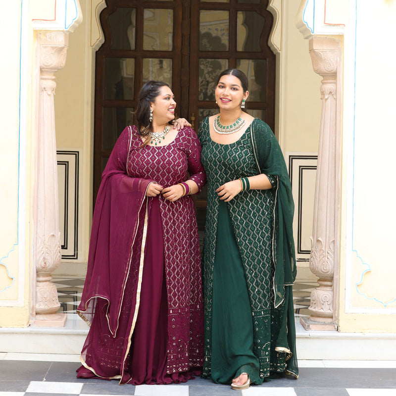 Wine Thread Embroidered Georgette Anarkali Dress