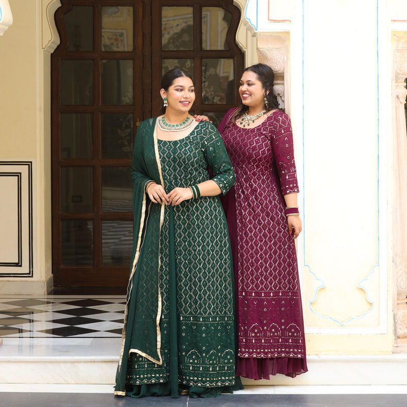Wine Thread Embroidered Georgette Anarkali Dress