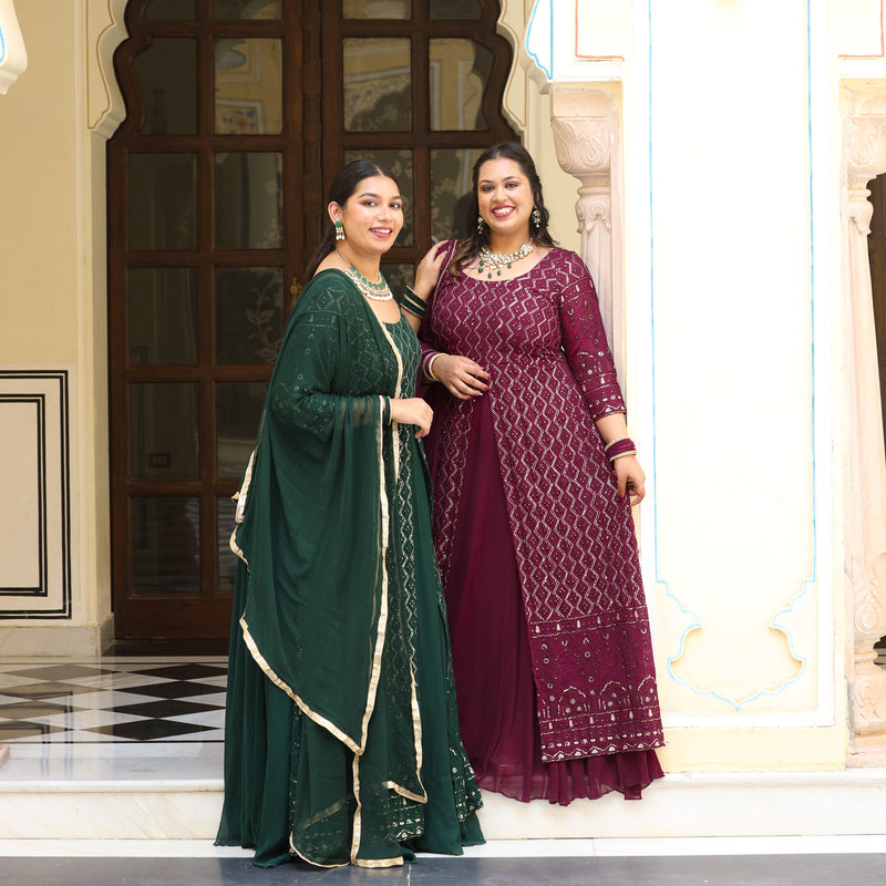 Wine Thread Embroidered Georgette Anarkali Dress