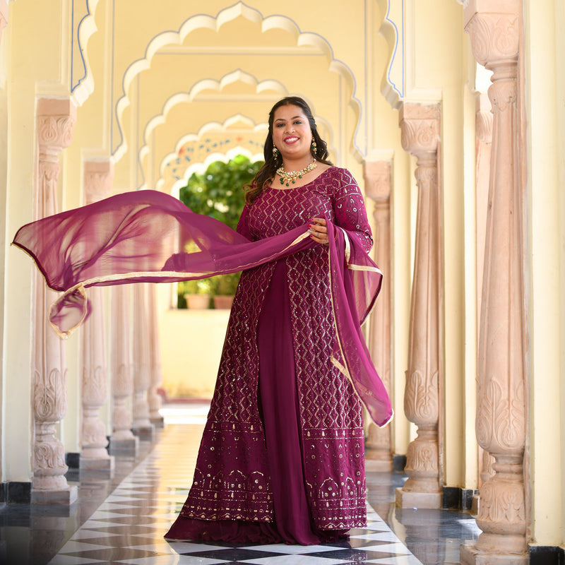Wine Thread Embroidered Georgette Anarkali Dress