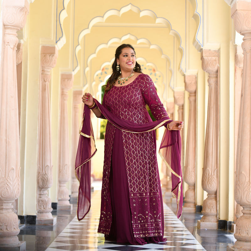 Wine Thread Embroidered Georgette Anarkali Dress