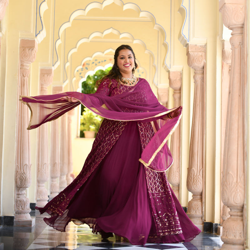 Wine Thread Embroidered Georgette Anarkali Dress