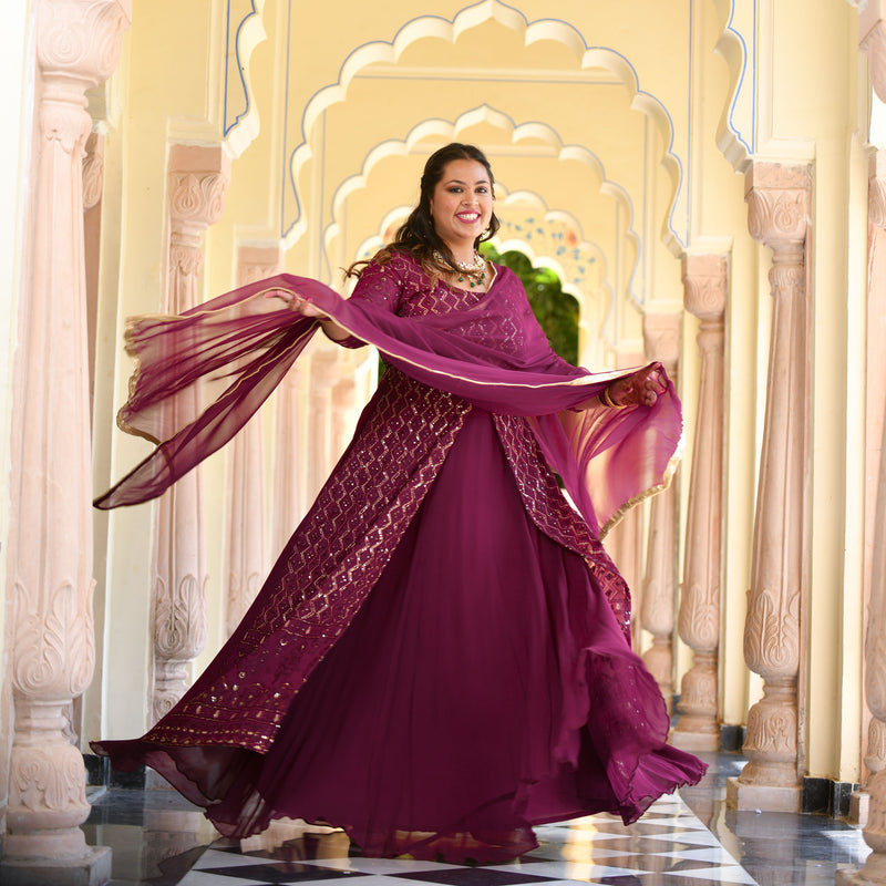 Wine Thread Embroidered Georgette Anarkali Dress