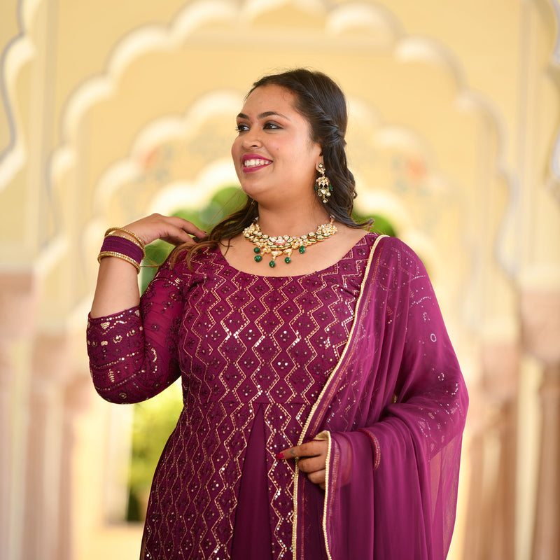 Wine Thread Embroidered Georgette Anarkali Dress