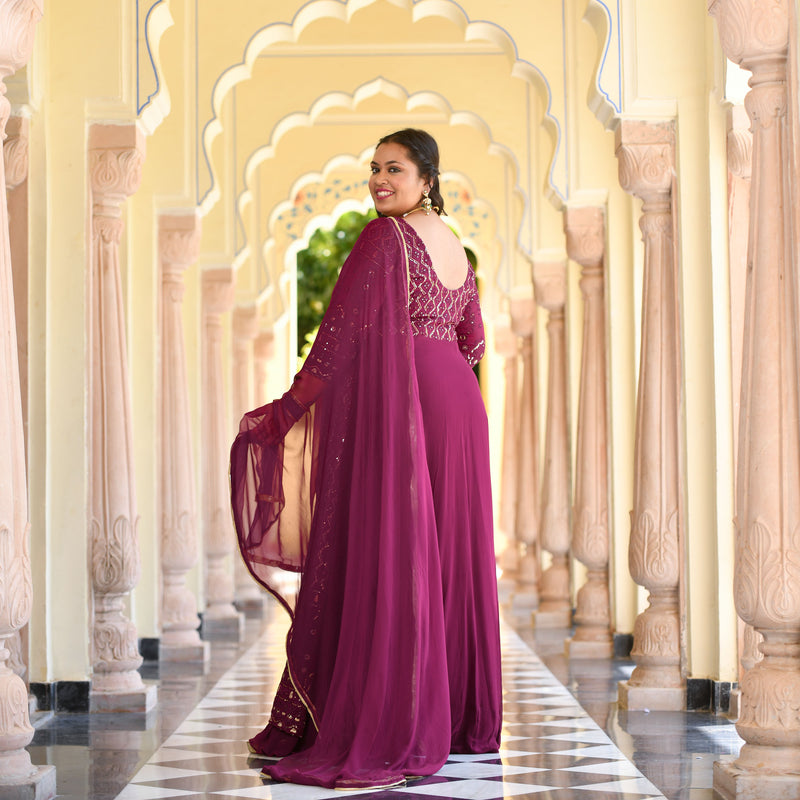 Wine Thread Embroidered Georgette Anarkali Dress