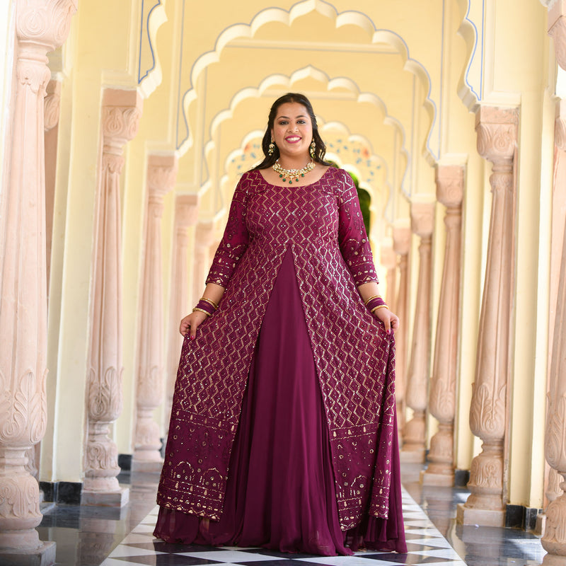 Wine Thread Embroidered Georgette Anarkali Dress