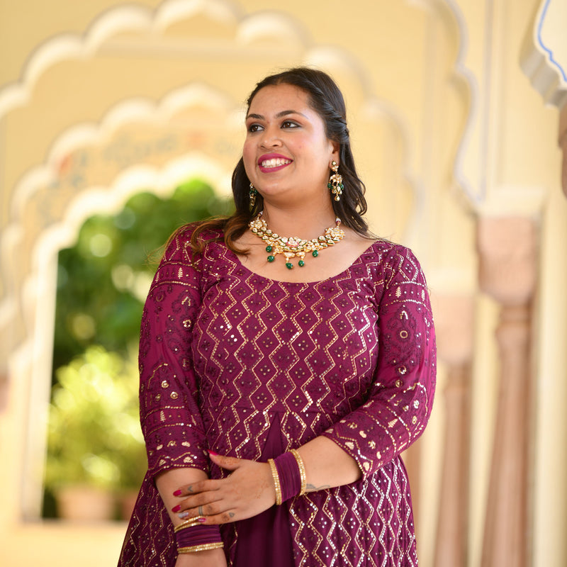 Wine Thread Embroidered Georgette Anarkali Dress