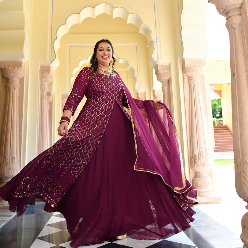 Wine Thread Embroidered Georgette Anarkali Dress