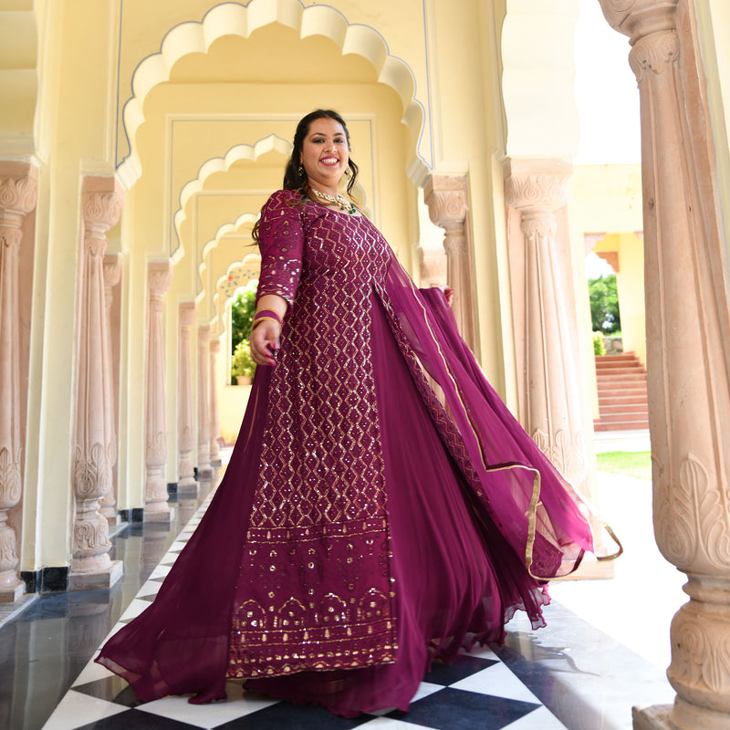 Wine Thread Embroidered Georgette Anarkali Dress