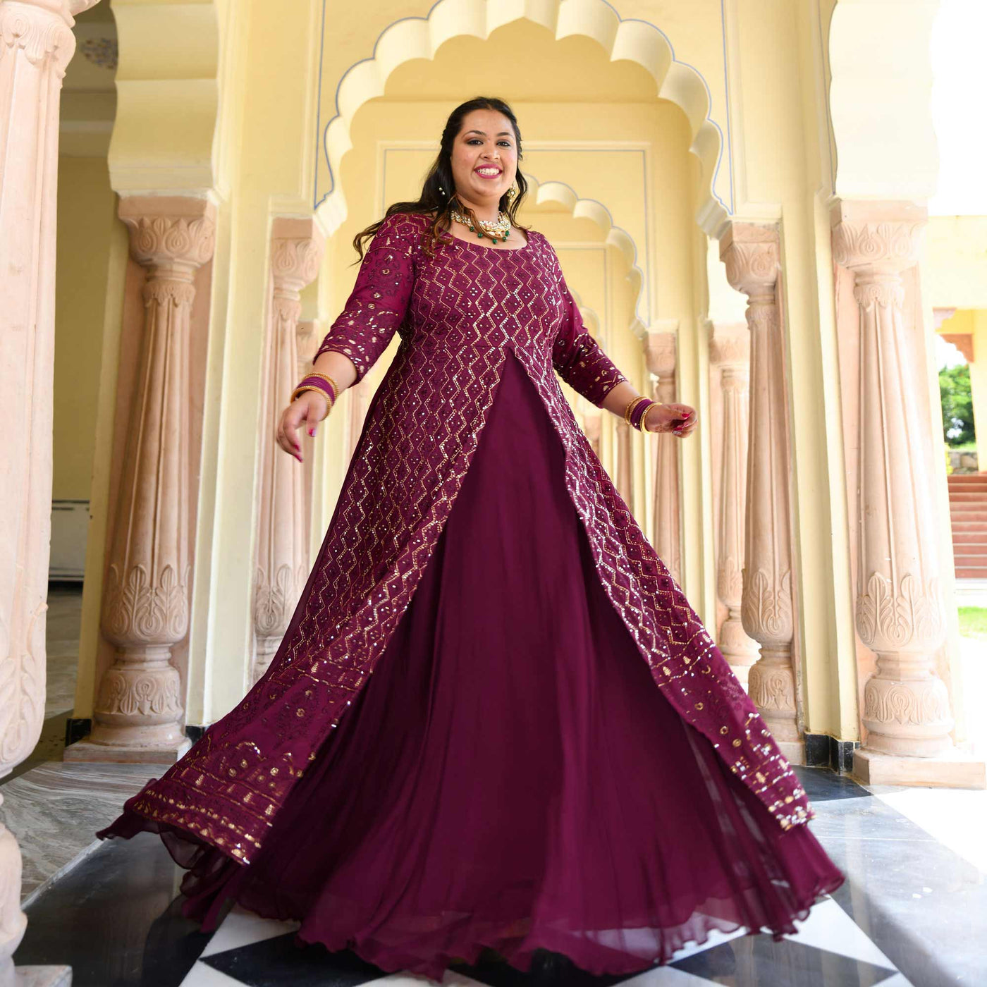 Wine Real Georgette Jacket Style Anarkali Dress main image 1