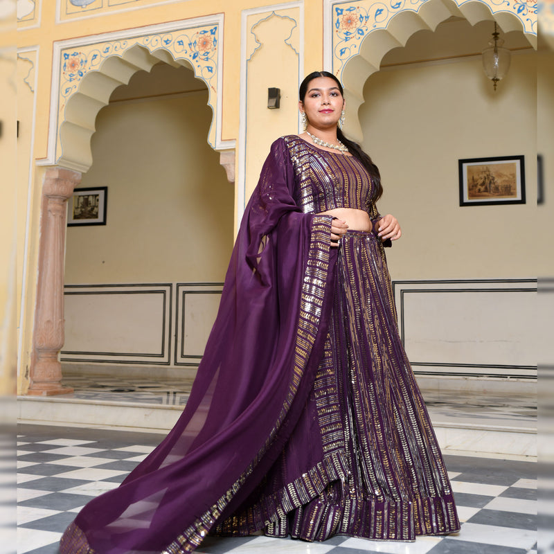 Purple & Dazzle Sequin Embroidered Pure Georgette Lehenga Set