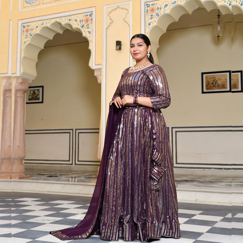 Purple & Dazzle Sequin Embroidered Pure Georgette Lehenga Set