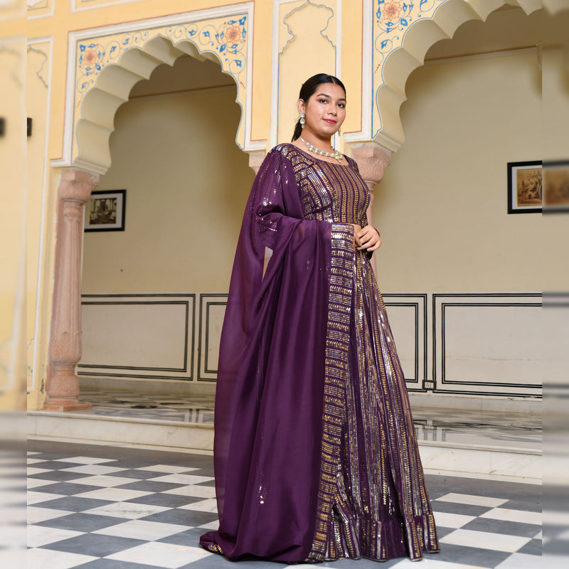 Purple & Dazzle Sequin Embroidered Pure Georgette Lehenga Set