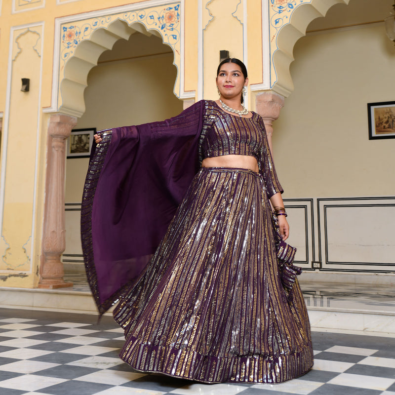 Purple & Dazzle Sequin Embroidered Pure Georgette Lehenga Set