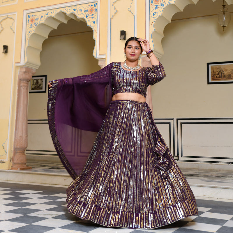 Purple & Dazzle Sequin Embroidered Pure Georgette Lehenga Set