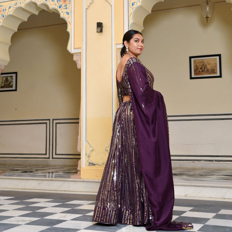 Purple & Dazzle Sequin Embroidered Pure Georgette Lehenga Set
