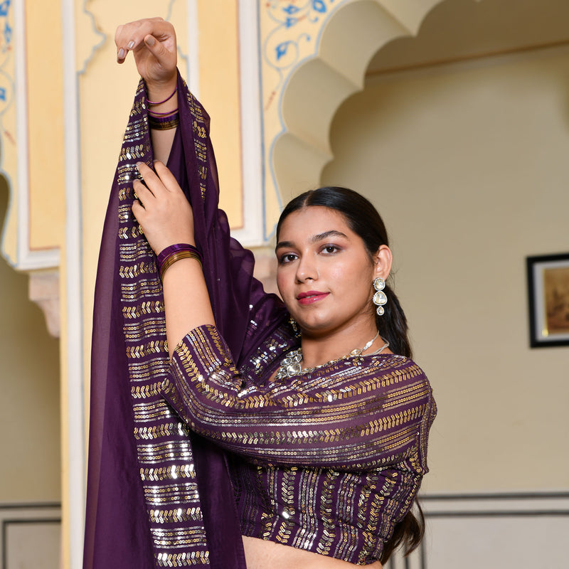 Purple & Dazzle Sequin Embroidered Pure Georgette Lehenga Set