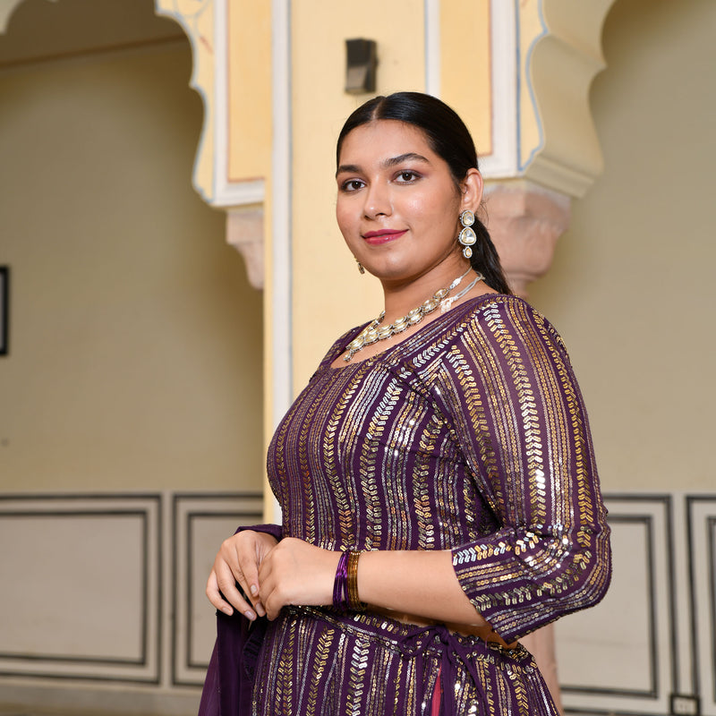 Purple & Dazzle Sequin Embroidered Pure Georgette Lehenga Set