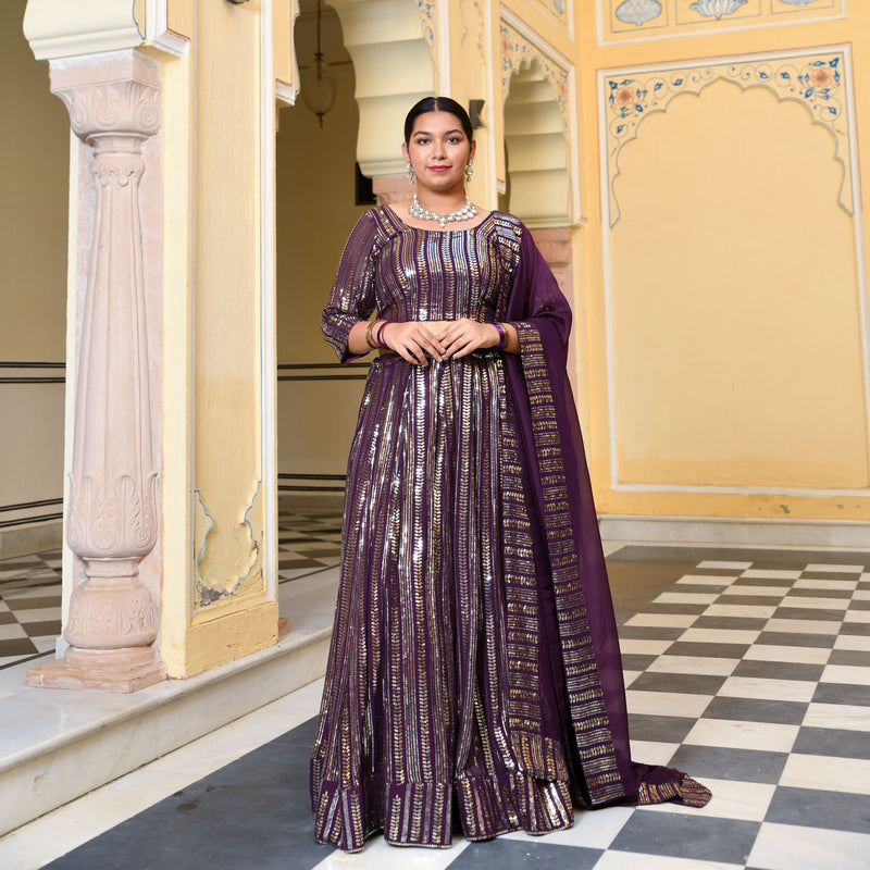 Purple & Dazzle Sequin Embroidered Pure Georgette Lehenga Set